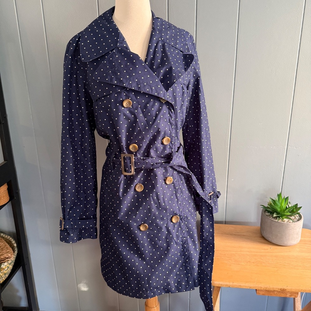 Lands' End Navy Polka Dot Double Breasted Trench Coat Belted Preppy Sz M 10-12